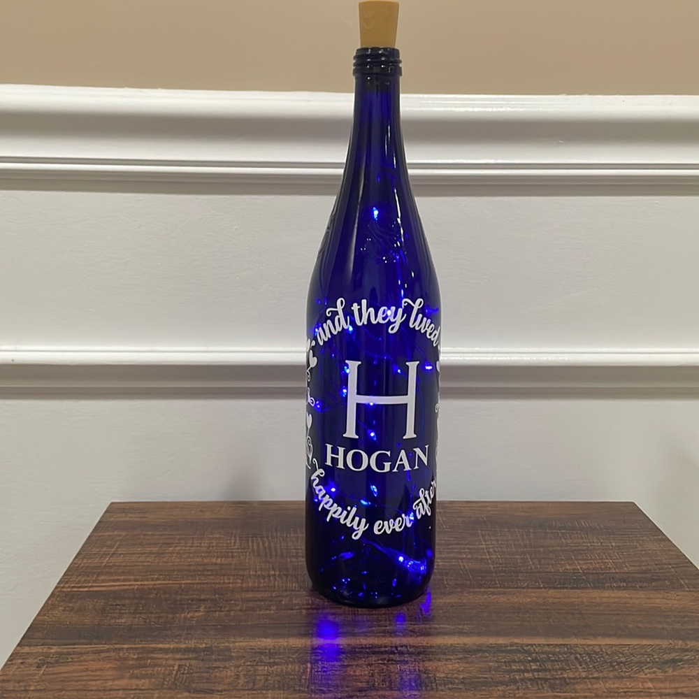 {And They Lived Happily Ever After} H Hogan Handmade blue light up glass bottle